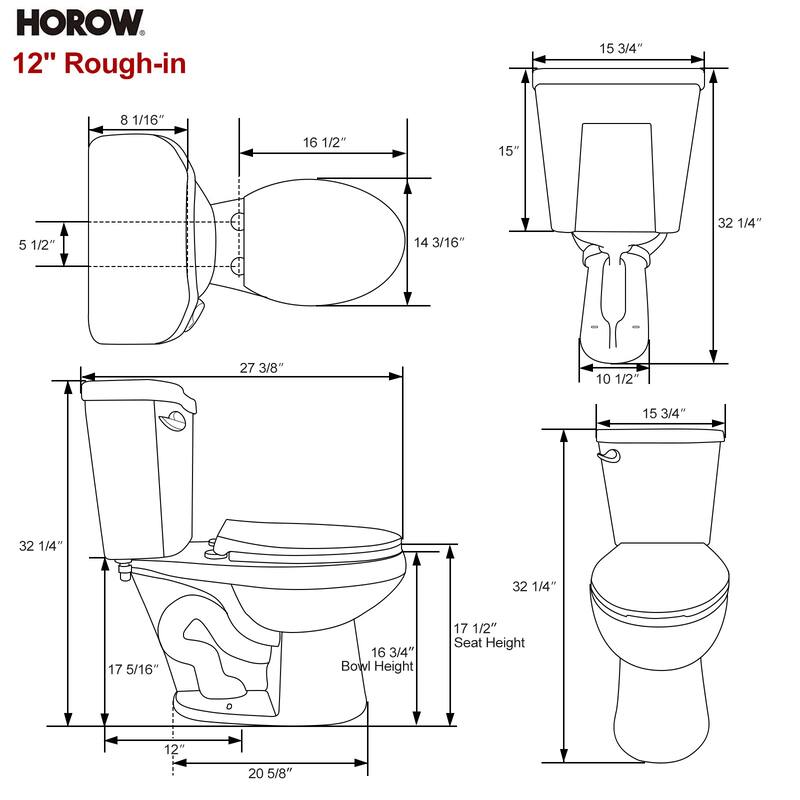 HOROW 2 Piece ADA Height Round Toilet White 1.28 GPF Strong Flush Quiet Soft Close Seat
