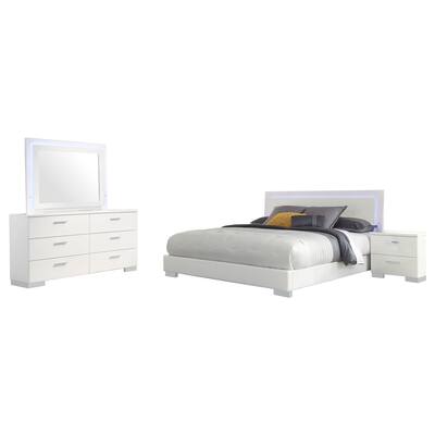 Sok 4pc Queen Bedroom Set, Faux Leather, Blue LED Lights, White Wood