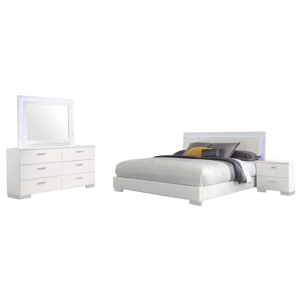 Sok 4pc Queen Bedroom Set, Faux Leather, Blue LED Lights, White Wood