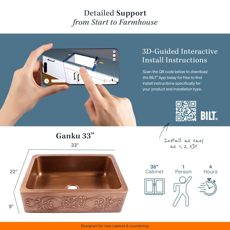 Ganku Copper 33" Single Bowl Farmhouse Apron Front Undermount Kitchen Sink