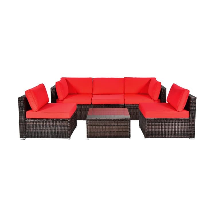 6 Pieces Patio Rattan Furniture Set with Cushions and Glass Coffee Table