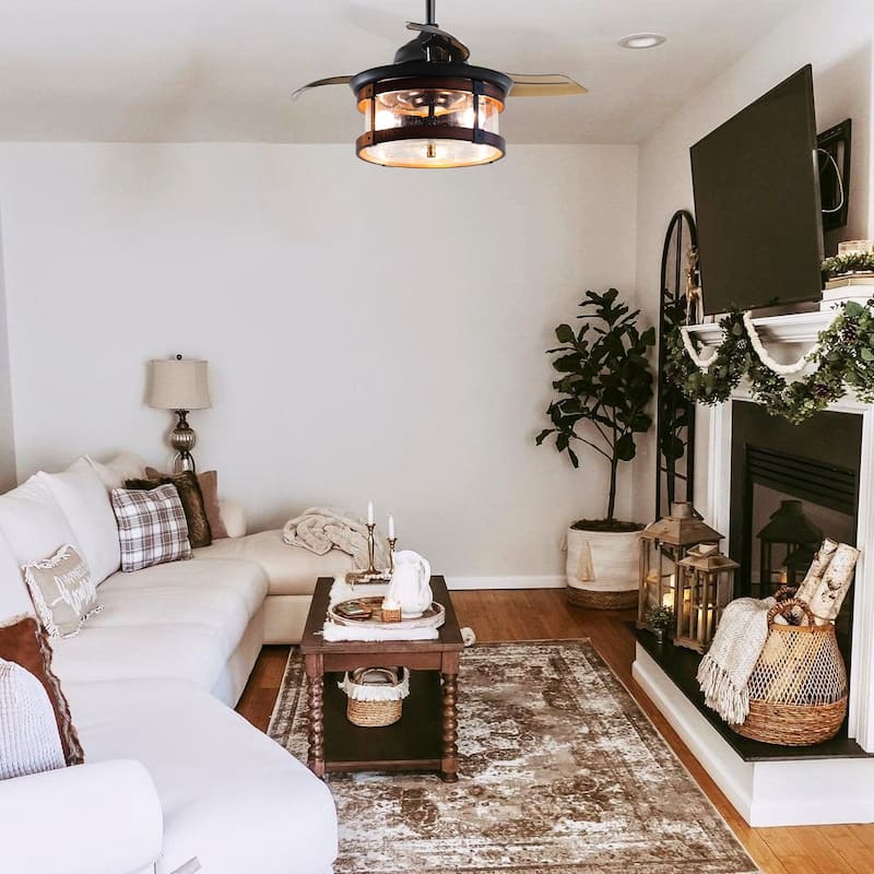 Industrial 3-Blade 3-Light Black and Brown Retractable Caged Ceiling Fan with Light Kit and Remote - 36 Inches