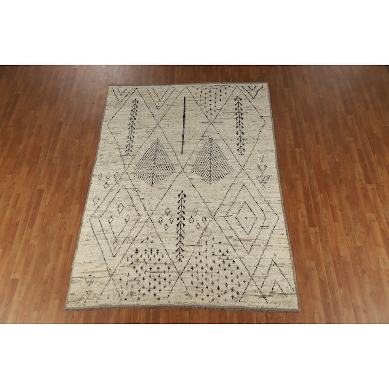 Geometric Moroccan Oriental Rug Handmade Geometric Beige Wool Carpet - 6'9" x 9'7"
