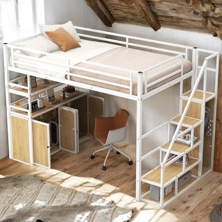 Metal Full Size Loft Bed with Storage and Wardrobe and Lockers for Home