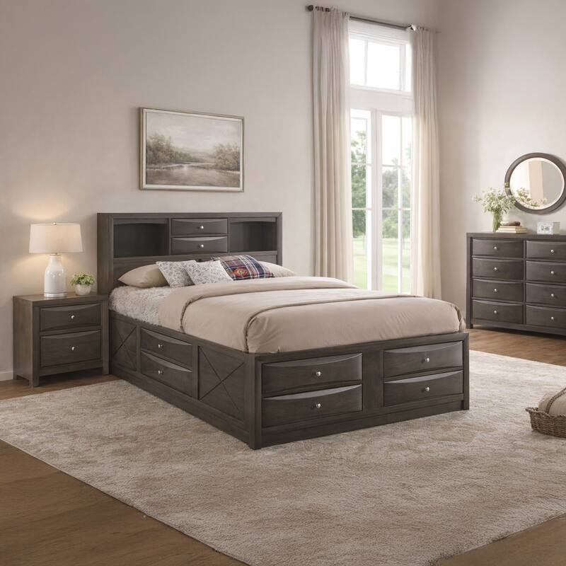 Panel Design Eastern King Size Bed with Bookcase and Drawers, Taupe Brown