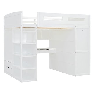 Full Size Loft Bed with Desk, Wardrobes, 4 Drawers & 4 Shelves, White