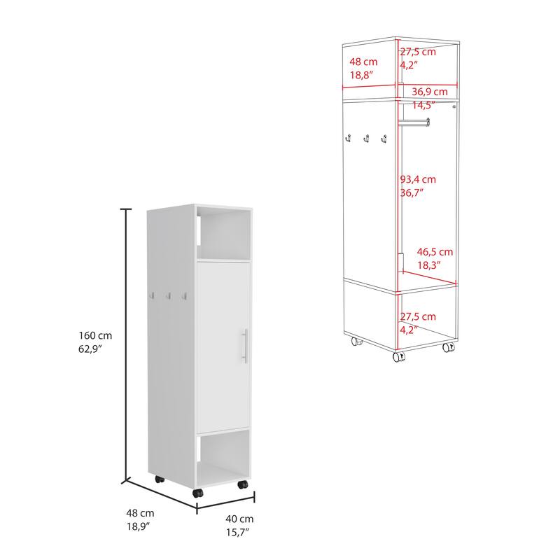 15.7" Modern Mirrored Armoire with Three Shelves, Casters and Hanging Rod