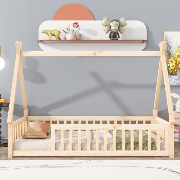slide 2 of 8, Twin Size Tent-shaped Floor Bed Teepee Bed with Guardrails and Slats Natural