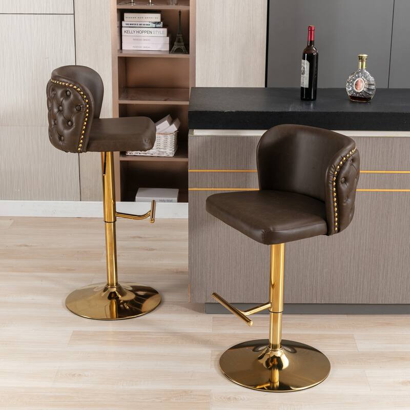 Modern Swivel Barstools, Tufted Back Upholstered Dining Chair, Leather High Bar Chair Adjustable Height, Set of 2