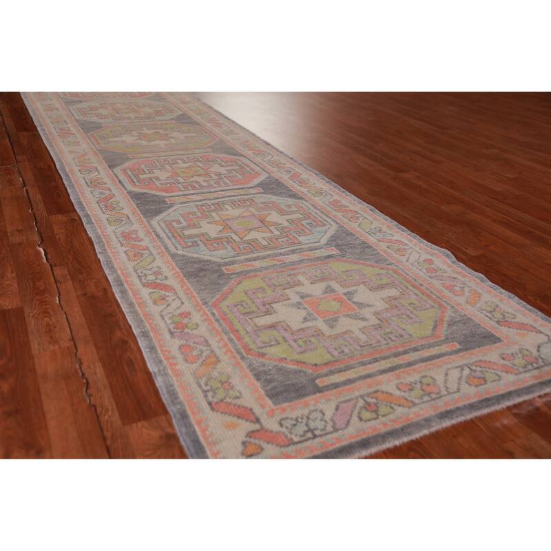 Hand Knotted Oriental 100% Wool Carpet Transitional Geometric Greys & Charcoal Oushak Runner Rug - 13' 0'' X 3' 1''