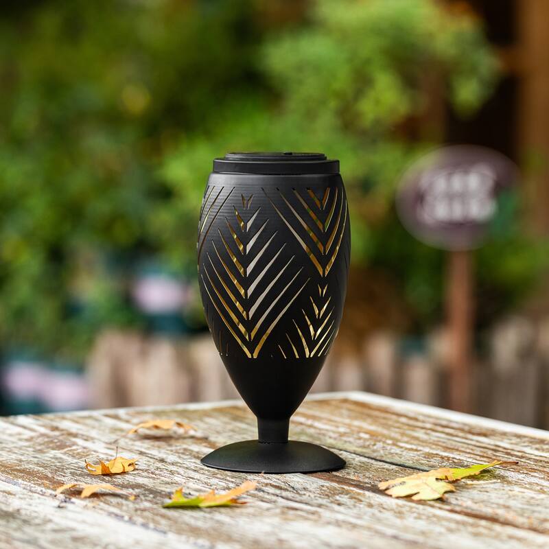 Glitzhome 8.75"H Set of 2 Black Metal Cutout Geometric Pattern Solar Powered Outdoor Lantern with LED Light