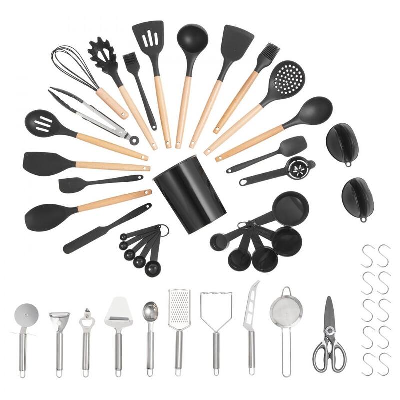 Silicone Non-Stick Kitchen Utensil Set with Wooden Handle and Heat-Resistant Cooking Tools - 50-Pieces  - Black