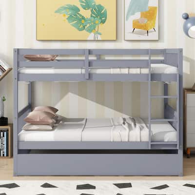 Convertible Full Over Full Rubber Wood Bunk Bed with Trundle, Ladder and Guardrails