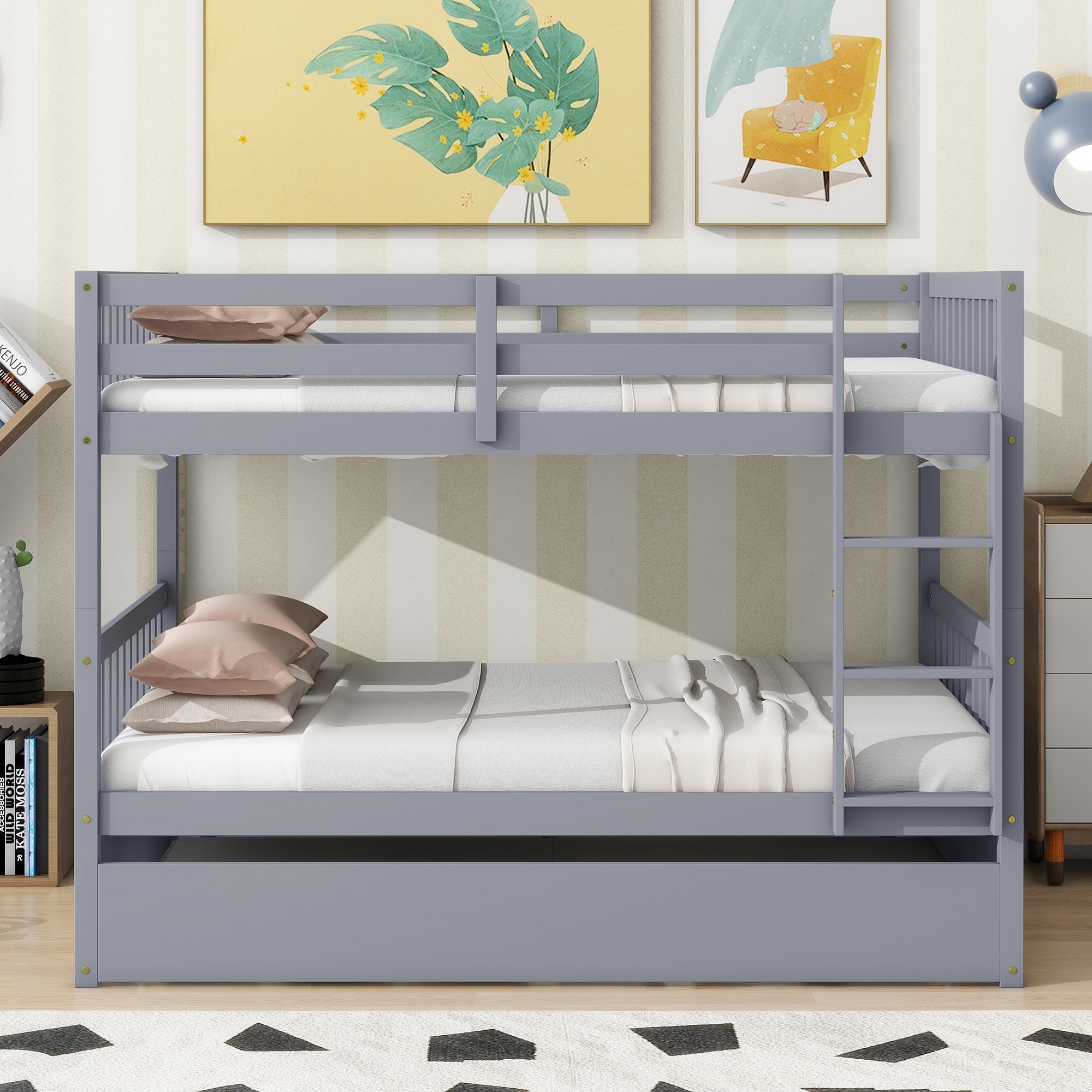 Roomfitters Full Over Full Rubber Wood Bunk Bed with Trundle, Convertible to Two Full Beds with Ladder and Guardrails