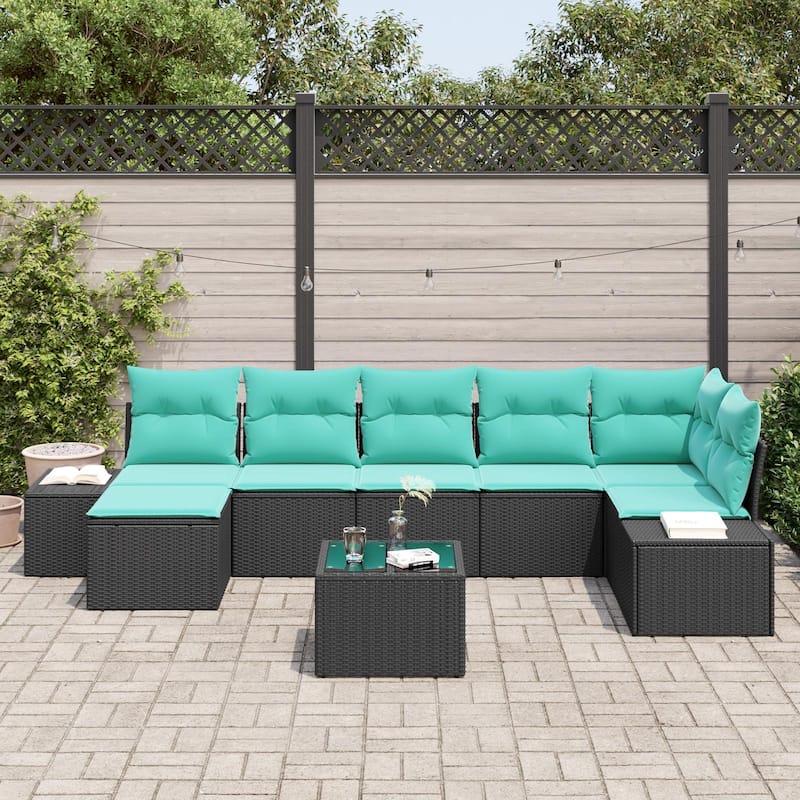 vidaXL 8 Garden Sofa Set with Cushions Black Poly Rattan - 125.6 x 60.6 x 27.2