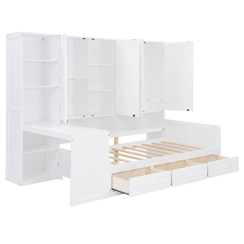 Modern Twin Daybed with All-in-One Cabinet, Desk Wooden Daybed Sofa Bed Frame with 3 Drawers, Multi-Functional Headboard