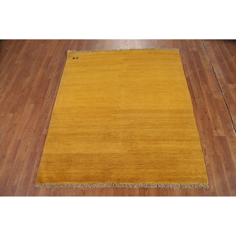 Yellow / Gold Modern Gabbeh Oriental Foyer Rug Handmade Wool Carpet - 3'10"x 4'6"