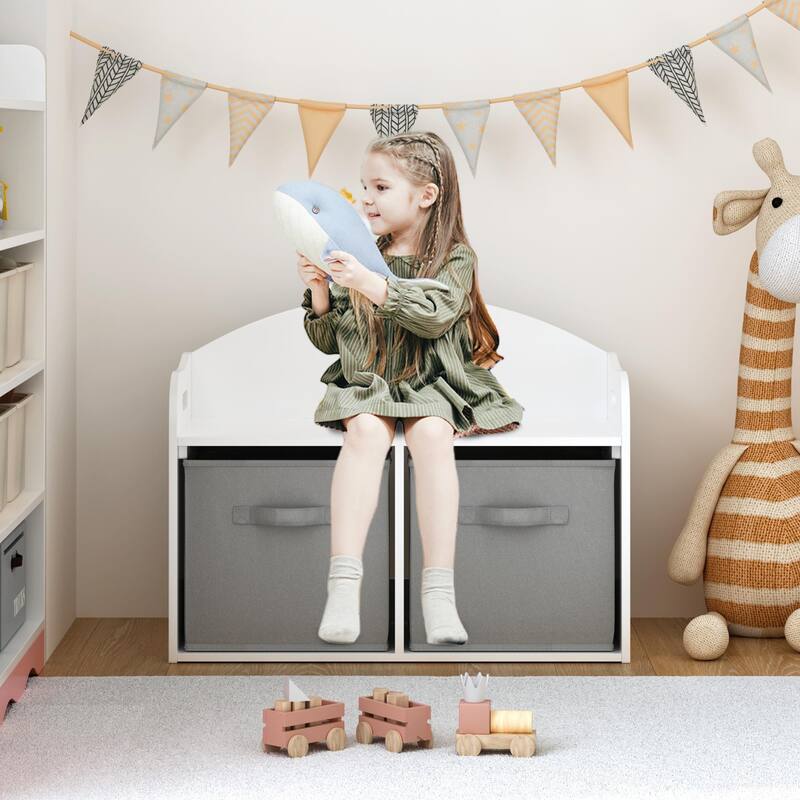 Anmytek White Storage Bench with Fabric Bins Kids Toy Organizer Entryway Seating