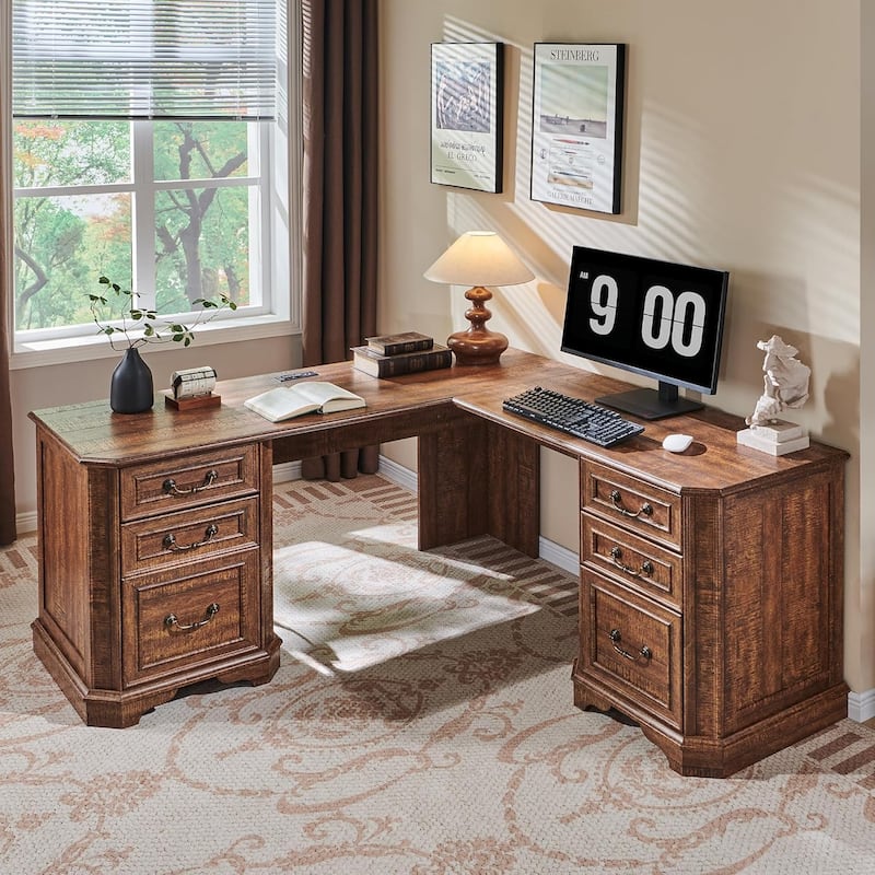 Farmhouse Executive L Shaped Desk, Wood Computer Corner Desk for Work