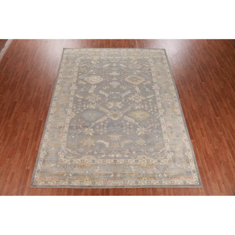 Transitional Gray Oushak Turkish Area Rug Hand-Knotted Wool Carpet - 9'1" x 12'0"