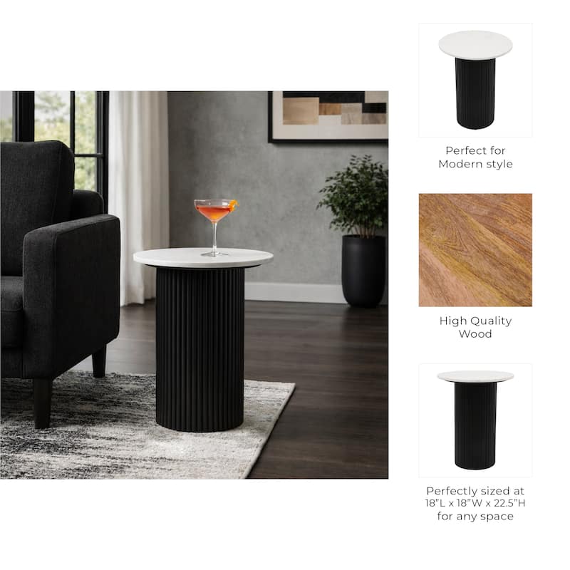 Modern Round Stone Top End Side Table with Mango Wood Base - 22" - 22.25"