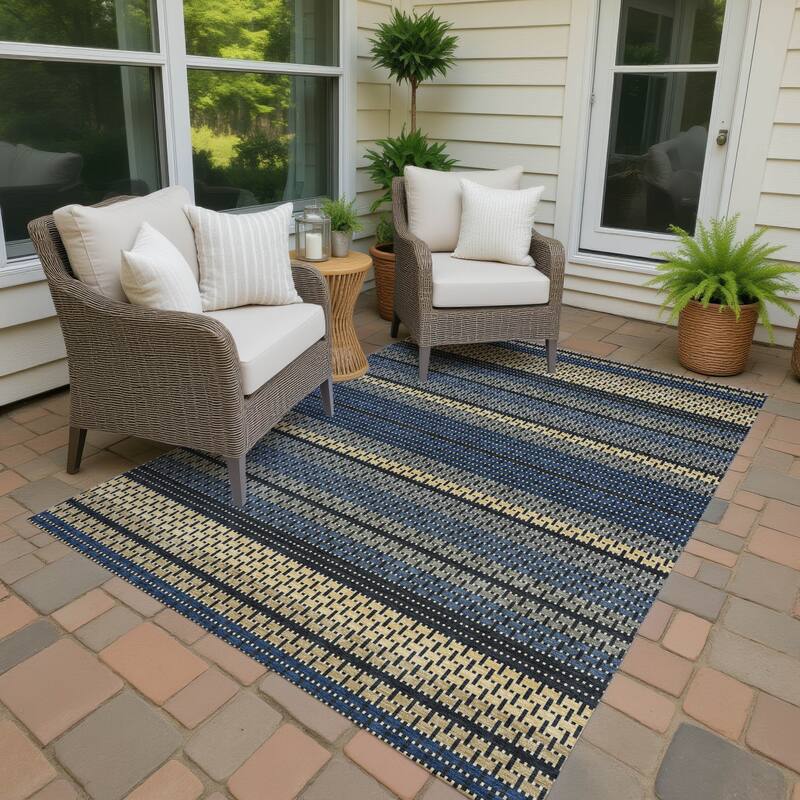 Machine Washable Indoor/ Outdoor Boho Stripe Chantille Rug - Navy - 10' x 14'