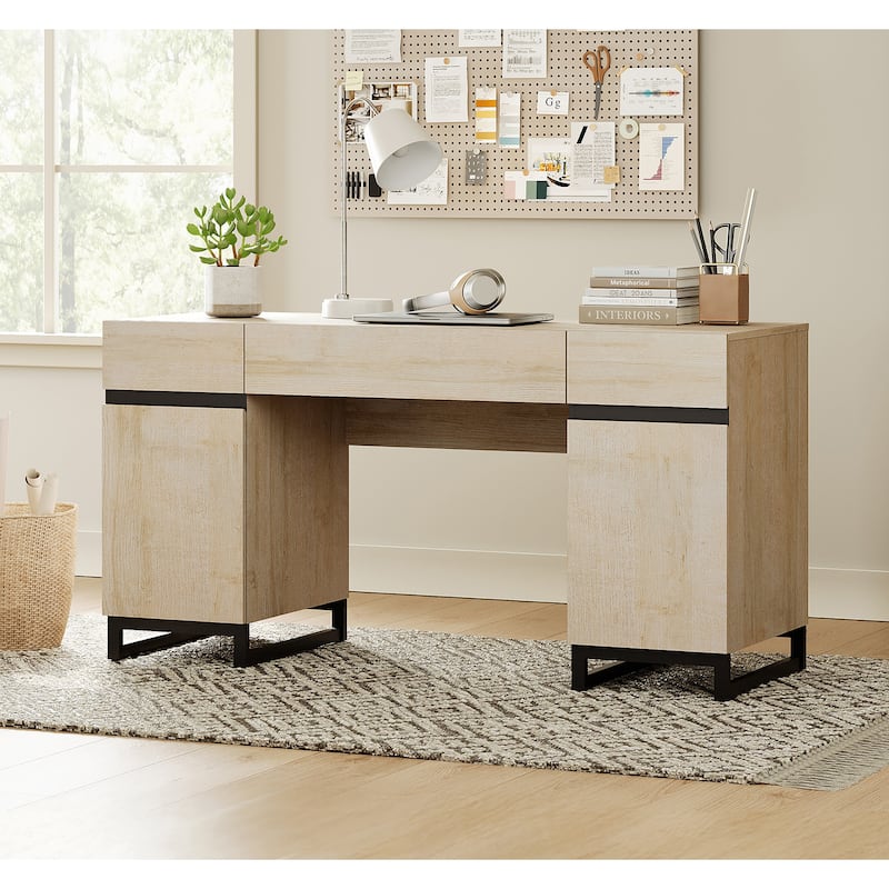 WAMPAT 59" Modern Executive Desk with Drawers, Home Office Computer Desk with Charging Station, File Drawer, Storage Cabinet. - Beige