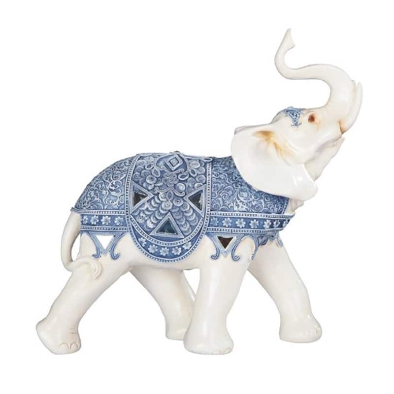 Q-Max 12.5"H Blue and White Thai Elephant Statue Feng Shui Decoration Religious Figurine