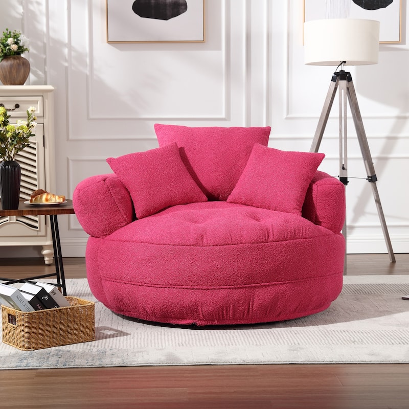 Boucle Upholstered Tufted Barrel Accent Living Room Chair With Toss Pillows - Rose Red+Rotate Base