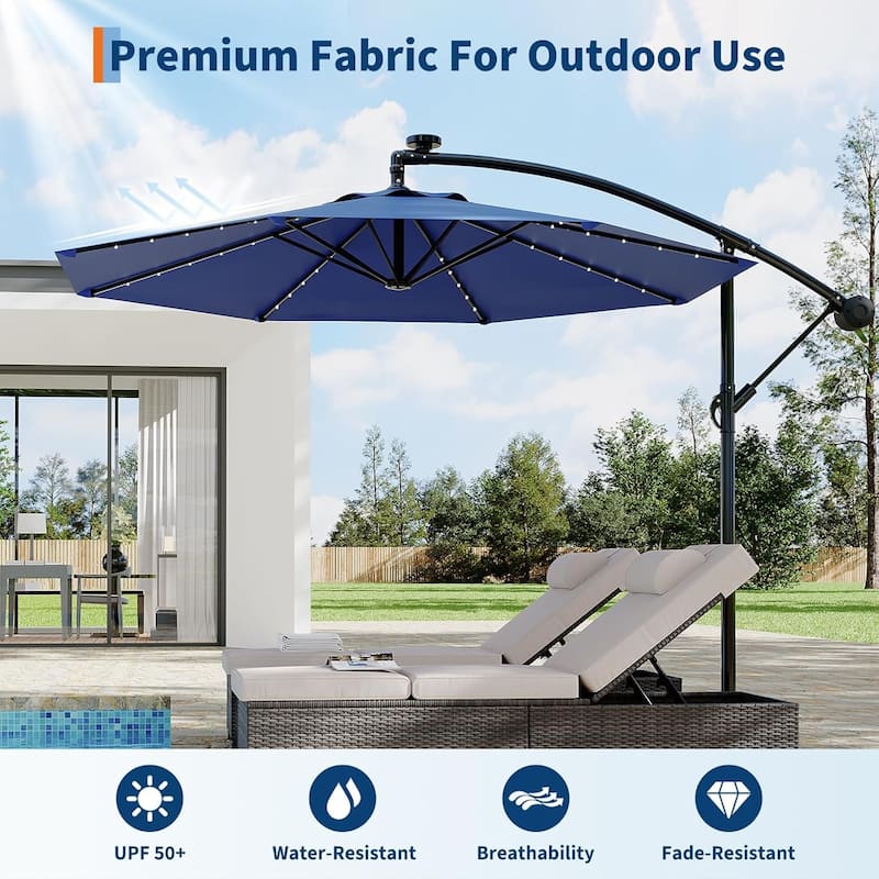10ft Solar Lights Patio Umbrella, Cantilever Umbrella with Easy Lift and Tilt Adjustment