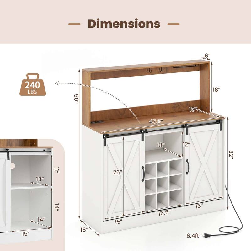 Costway 47.5" Farmhouse Coffee Bar Cabinet with Charging Station Glass - See Details