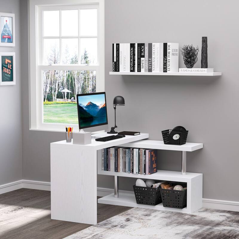 360 Degree Rotating Corner Computer Desk, L Shaped Desk - White