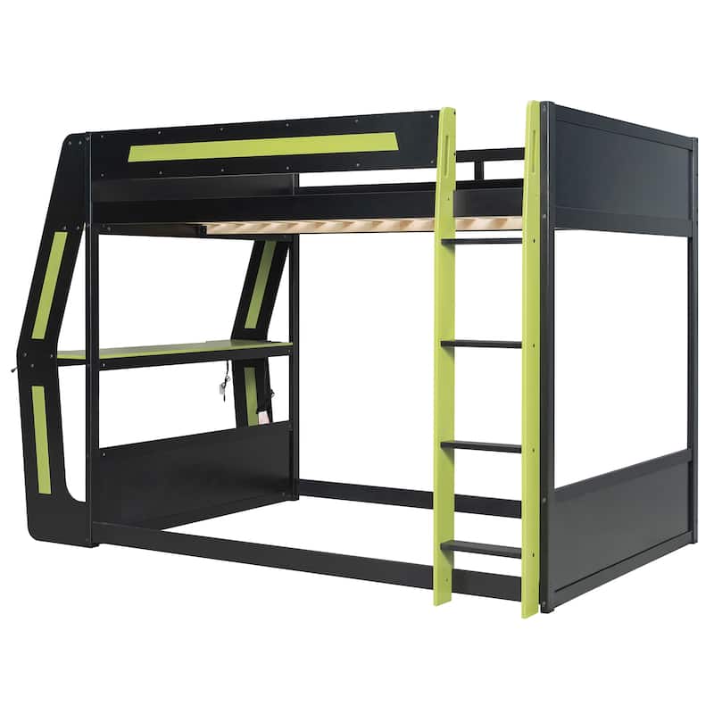 Esports Loft Bed Full Over Full Bunk Bed Frame with Side Mounted Desk, Light Strip, Charging Station and Cable Grommet