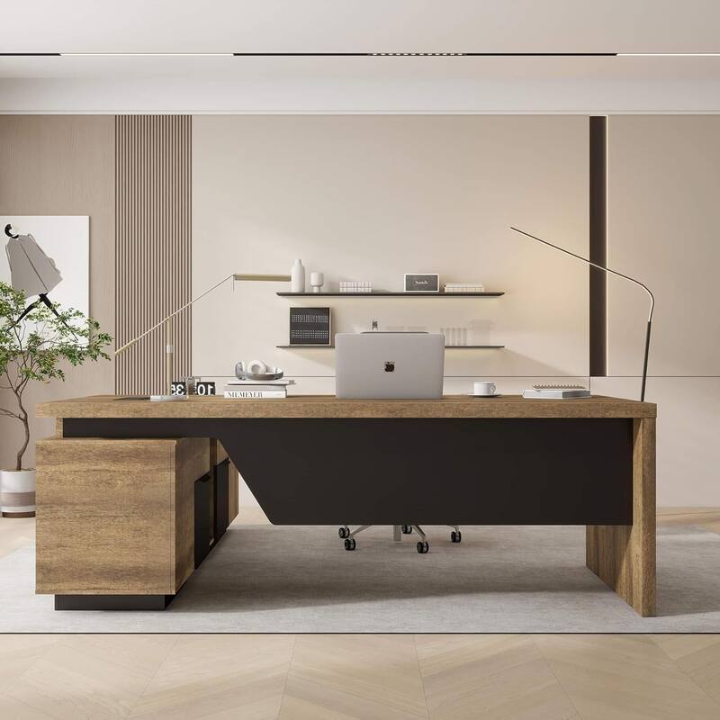 WESOME Retractable L-Shaped Executive Desk with Cable Management Drawers and Lateral File Cabinet