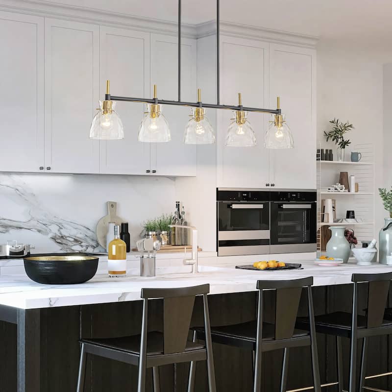 5-Light Modern Industrial Black & Gold Textured Glass Linear Pendant Light- Adjustable Hanging Ceiling Fixture for Dining Room,