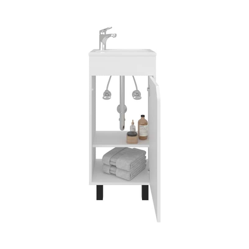 Wide One-Door Cabinet, Free Standing Vanity With Resin Sink And Two Shelves, Bathroom Storage,White