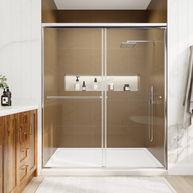 Modland 56-60"x70'' Adjustable Double Sliding Shower Door, 1/4" ANSI Glass with Nano Coating, Framed Bypass Enclosure - Chrome