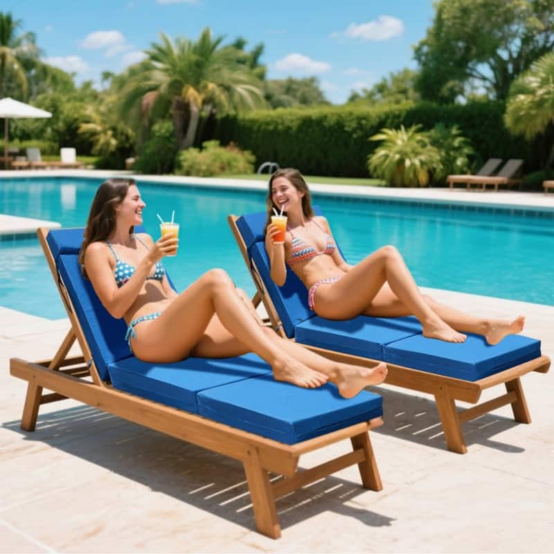 2 Pcs Chaise Lounge Cushions Outdoor, Removable Cover, Beige/Blue