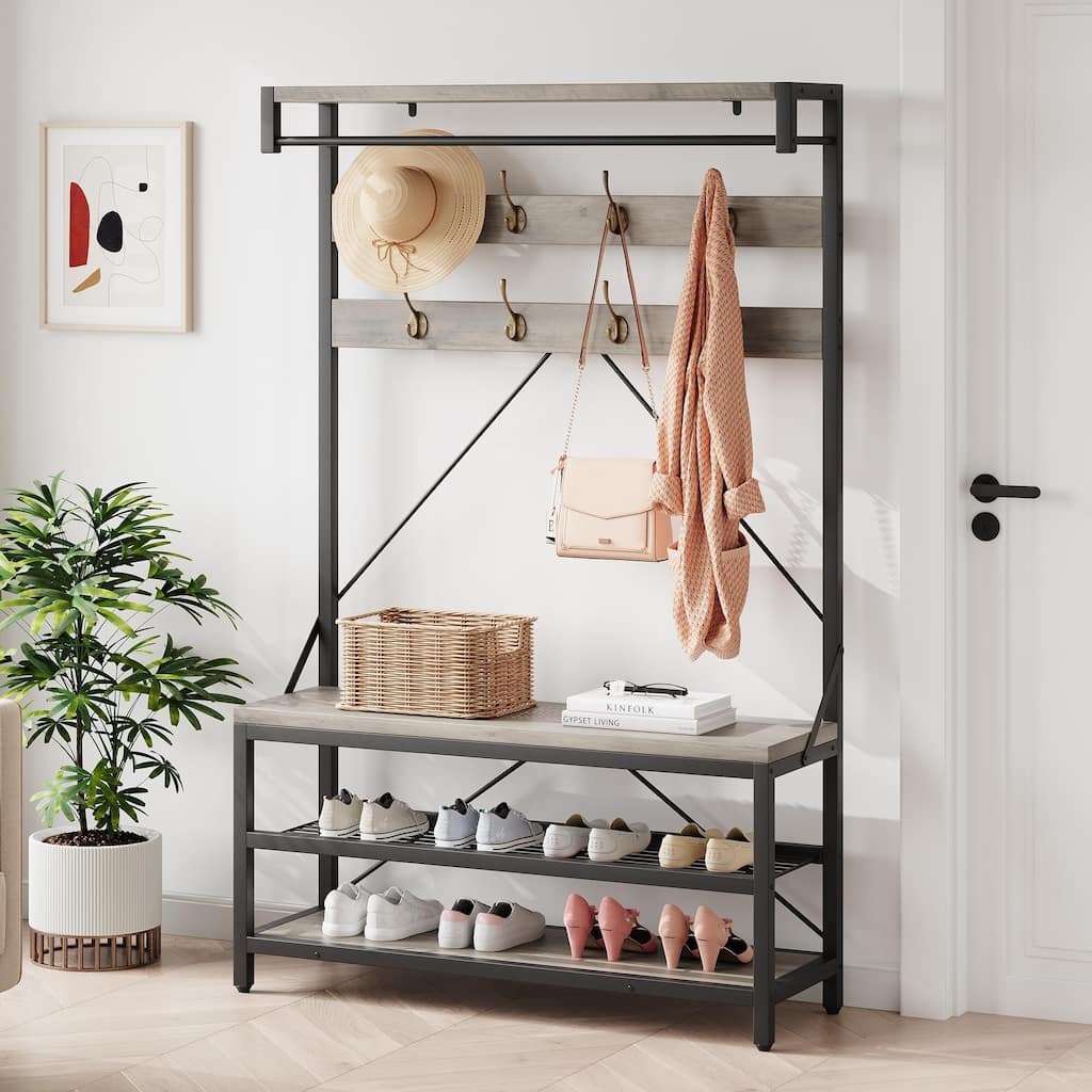 Coat Rack Shoe Bench Industrial Hall Tree Storage Bench