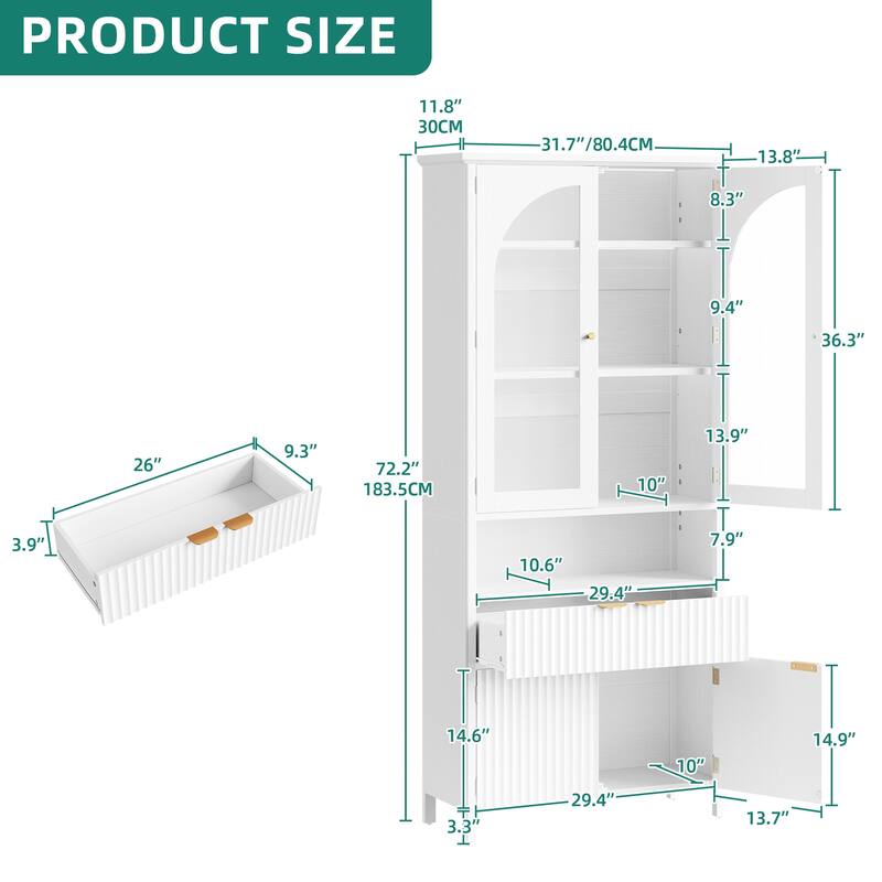 Moasis 72" Modern LED Bookshelf 6-tier Bookcase with Arched Glass Doors and Drawer