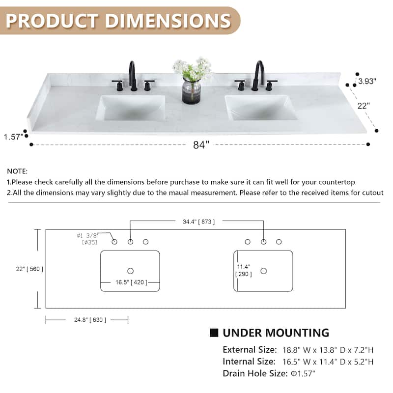 Altair Ceres Engineered Stone Vanity Top in Grain White Without Cabinet - 84inches - Grain White