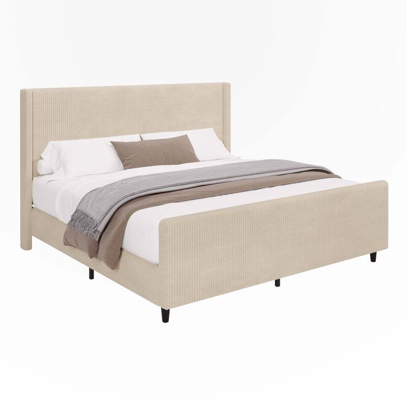 Corduroy Upholstered Bed Frame with Vertical Stripe Wingback and High Footboard