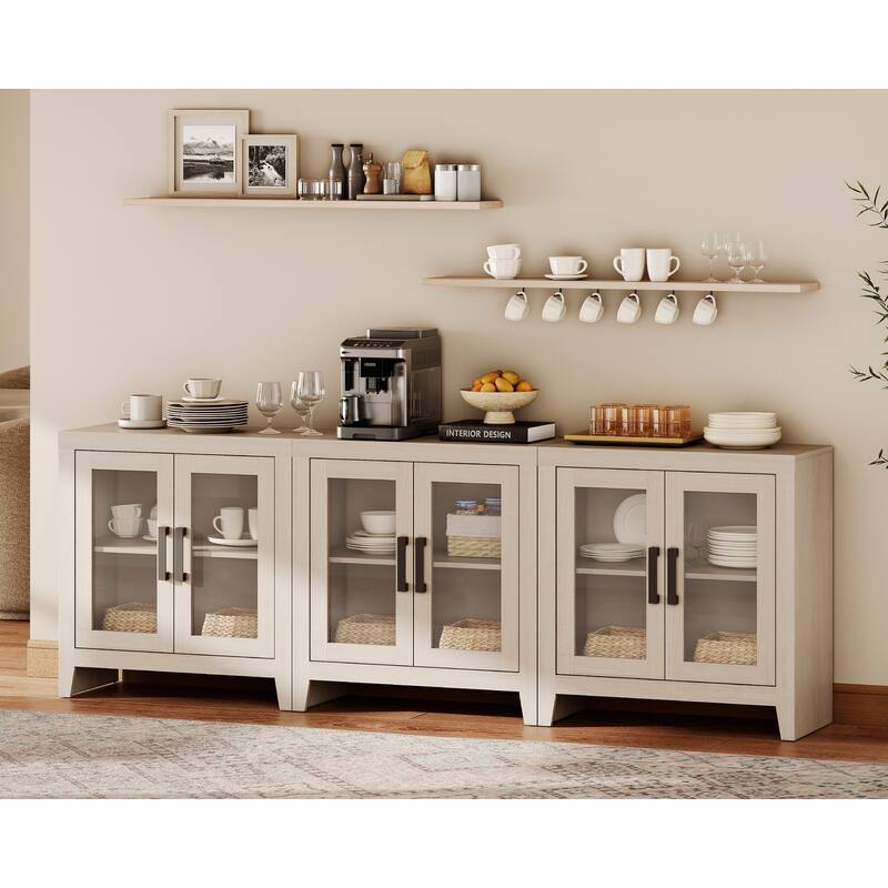 WAMPAT Modern Farmhouse Modular Buffet Cabinet, Glass Door Sideboard with Adjustable Shelves - Beige - 95 inches in width