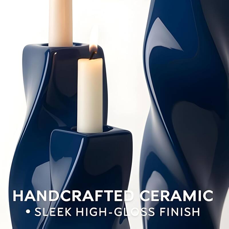 Blue Tall Curvy Santa Fe Style Ceramic Candlesticks Set of Two