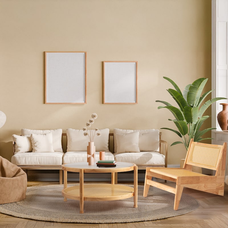 31.5in Rattan Coffee Table with Tempered Glass Top and Hand-Woven Shelf for Indoor Outdoor - 31.5” x 31.5” x 17.3”
