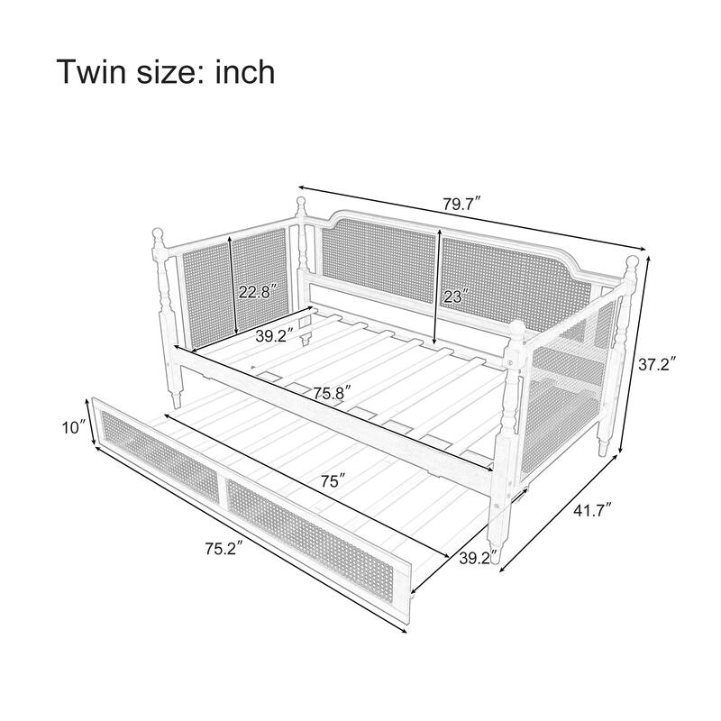 Traditional Rattan Twin Daybed with Twin Trundle - Guest Room & Space-Saving Bed, No Box Spring Needed