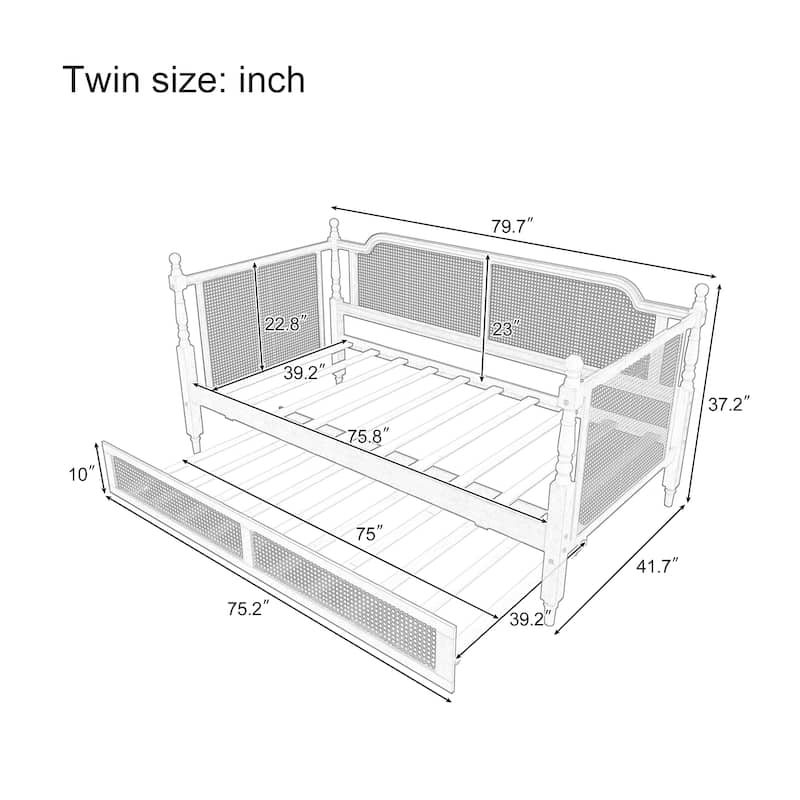Twin/Full Rattan Bed Frame with Twin Size Trundle & Curved Headboard, Wood Bedframe Daybed for Limited Space, Bedroom Guest Room