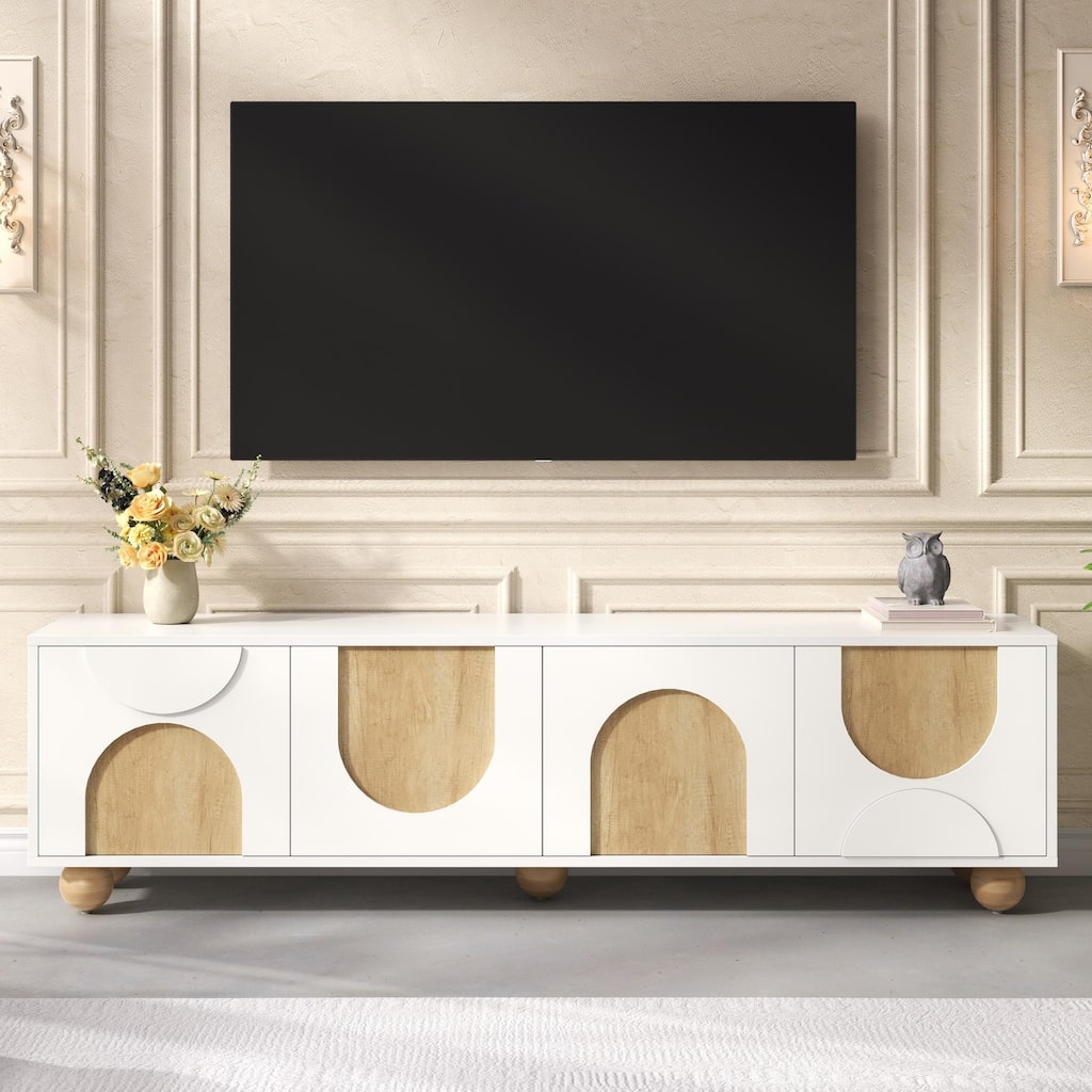 Farmhouse TV Stand for 75" TVs - Cream Media Console w/ Cable Holes, Rebound Device & Solid Wood Legs, 69.6"W