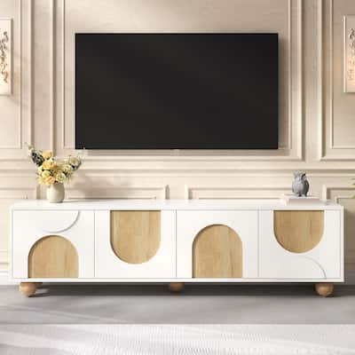 Rustic Cream TV Stand for 75" Screens - Farmhouse Media Console with Cable Management & Safety Rebound, Solid Wood Legs .
