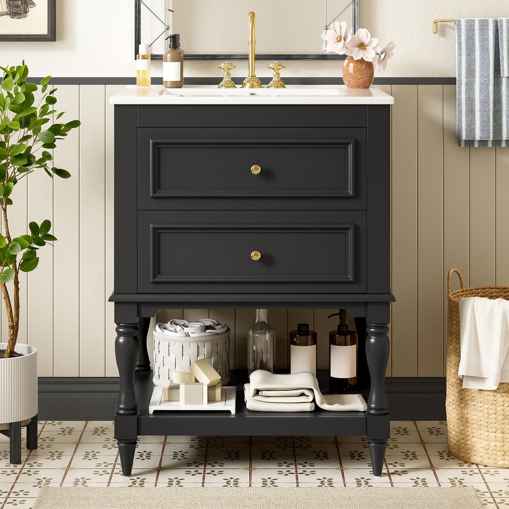 Retro Small Bathroom Vanity with Open Shelf, Ceramic Sink Cabinet